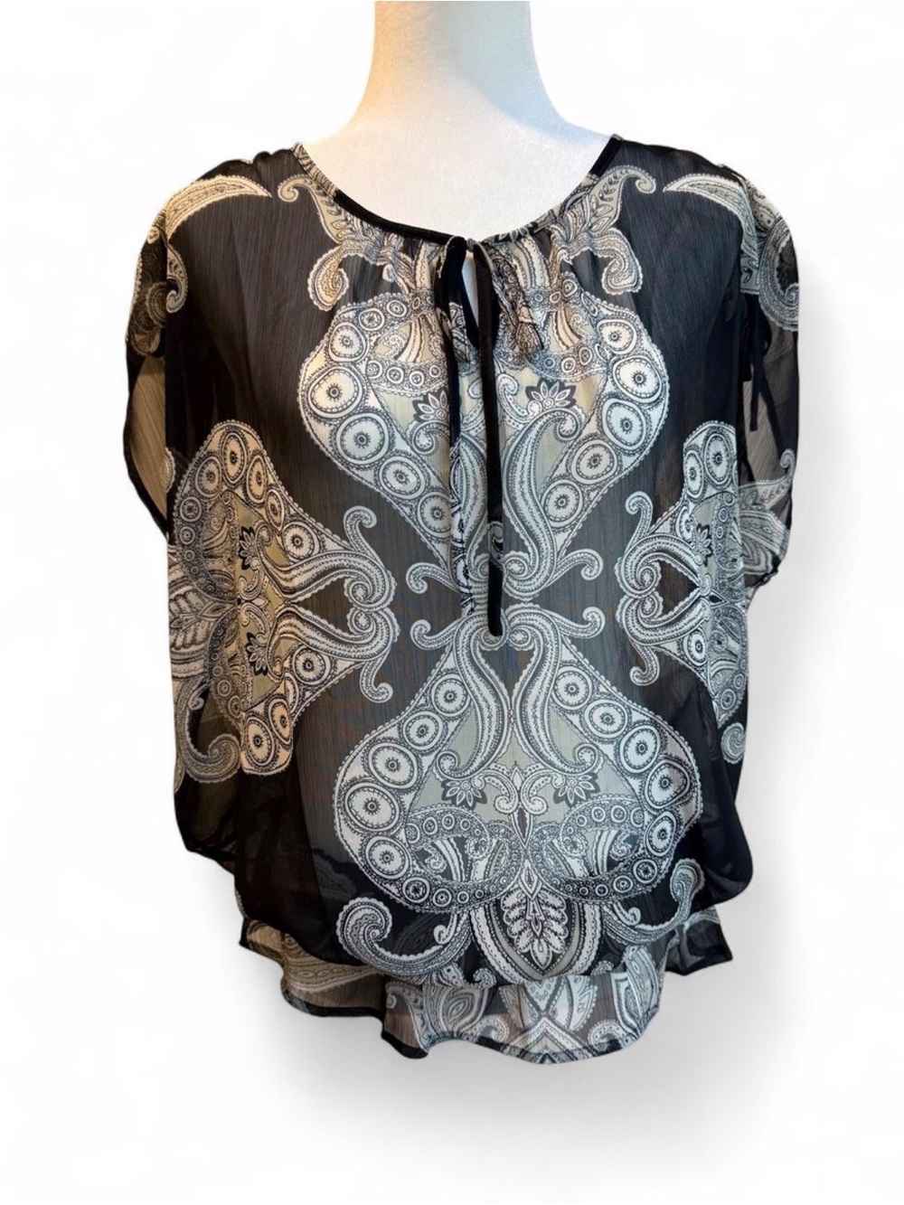 Black and Tan Paisley Tie-Neck Blouse